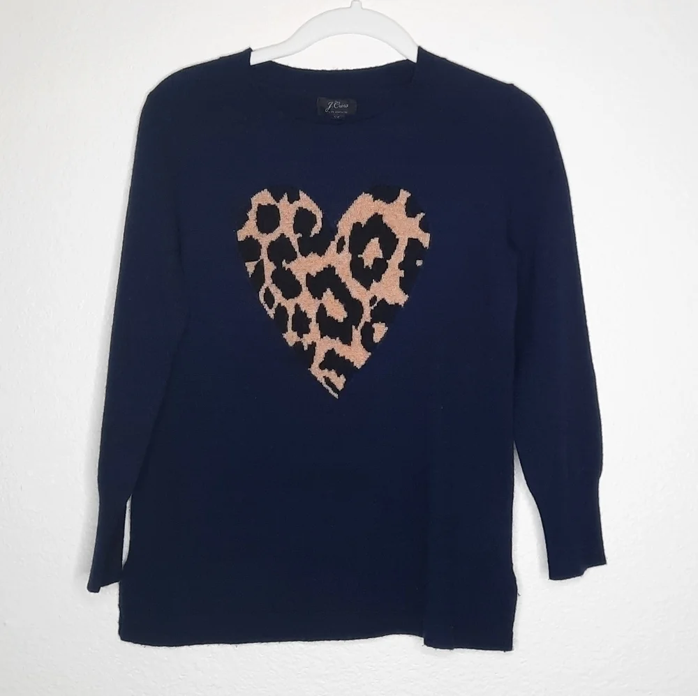 J.Crew Blue Everyday Cashmere Leopard Heart Sweater XS